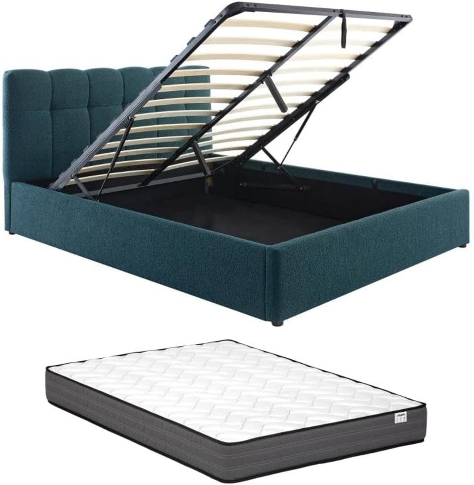 Vente-unique - Bett mit Bett mit Bettkasten - + Matratze - 160 x 200 cm - Bouclé-Stoff - Blaugrün - MAZIRI Bild 1