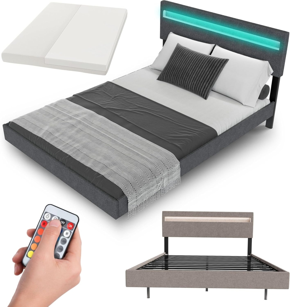 Juskys Schwebebett Lissabon 140 x 200 cm - Bett mit Matratze, Schwebendes Design & LED-Beleuchtung, Leinen, Höhenverstellbare Rückenlehne - dunkelgrau Bild 1