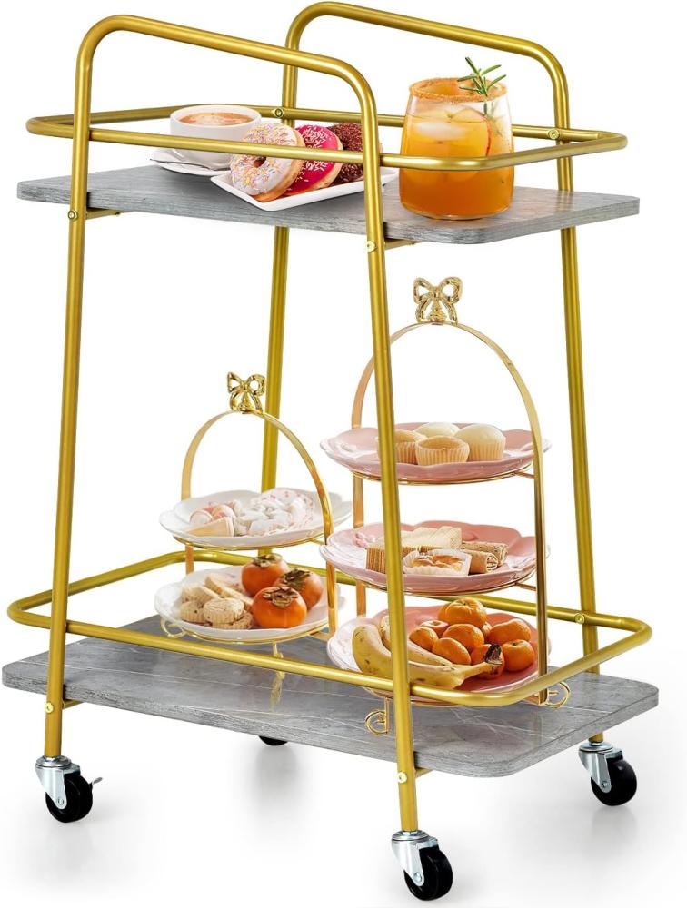 COSTWAY Küchenwagen mit Universalrädern, Barwagen Rollwagen 2 Ablagen, Mobiler Servierwagen, Haushaltswagen mit Stahlrahmen, Mehrzweckwagen für Haus, Restaurant, Allzweckwagen Badwagen, Grau+Golden Bild 1
