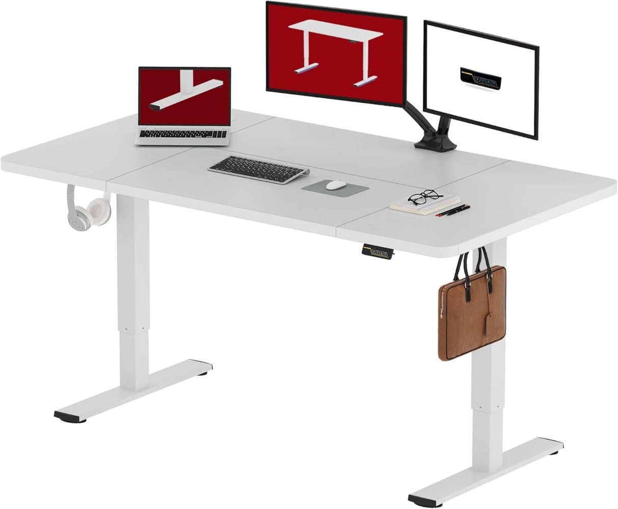 SANODESK Höhenverstellbarer Schreibtisch 160x60 cm mit Memory-Funktion, Elektrischer Steh-Sitz Tisch für Heimbüro, Ergonomischer Computertisch mit Modernem Design und Vierteiliger Tischplatte, Weiß Bild 1
