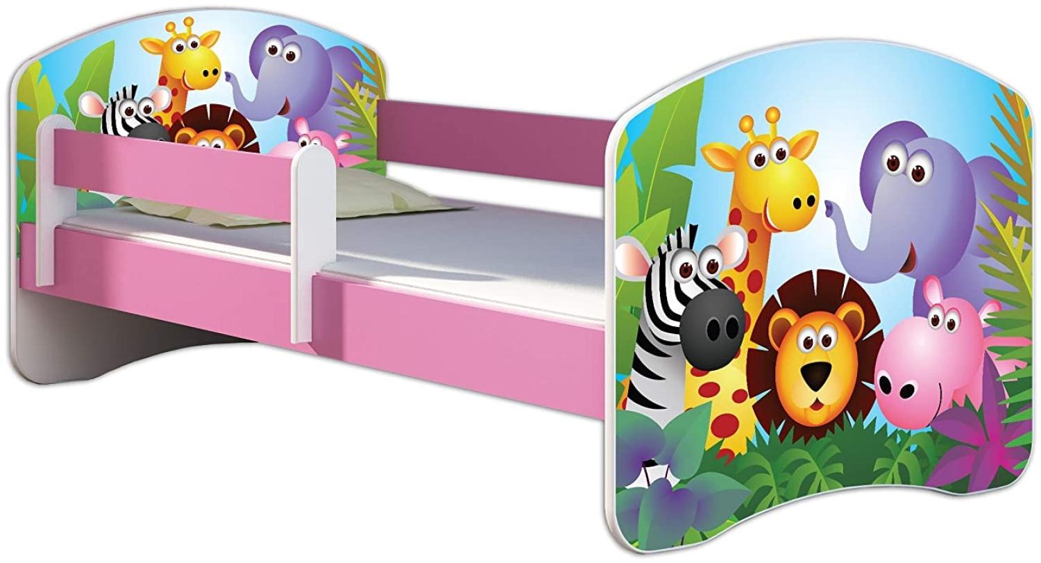 Kinderbett Jugendbett mit einer Schublade und Matratze Rausfallschutz Rosa 70x140 80x160 80x180 ACMA II (01 Zoo, 80x160 cm) Bild 1