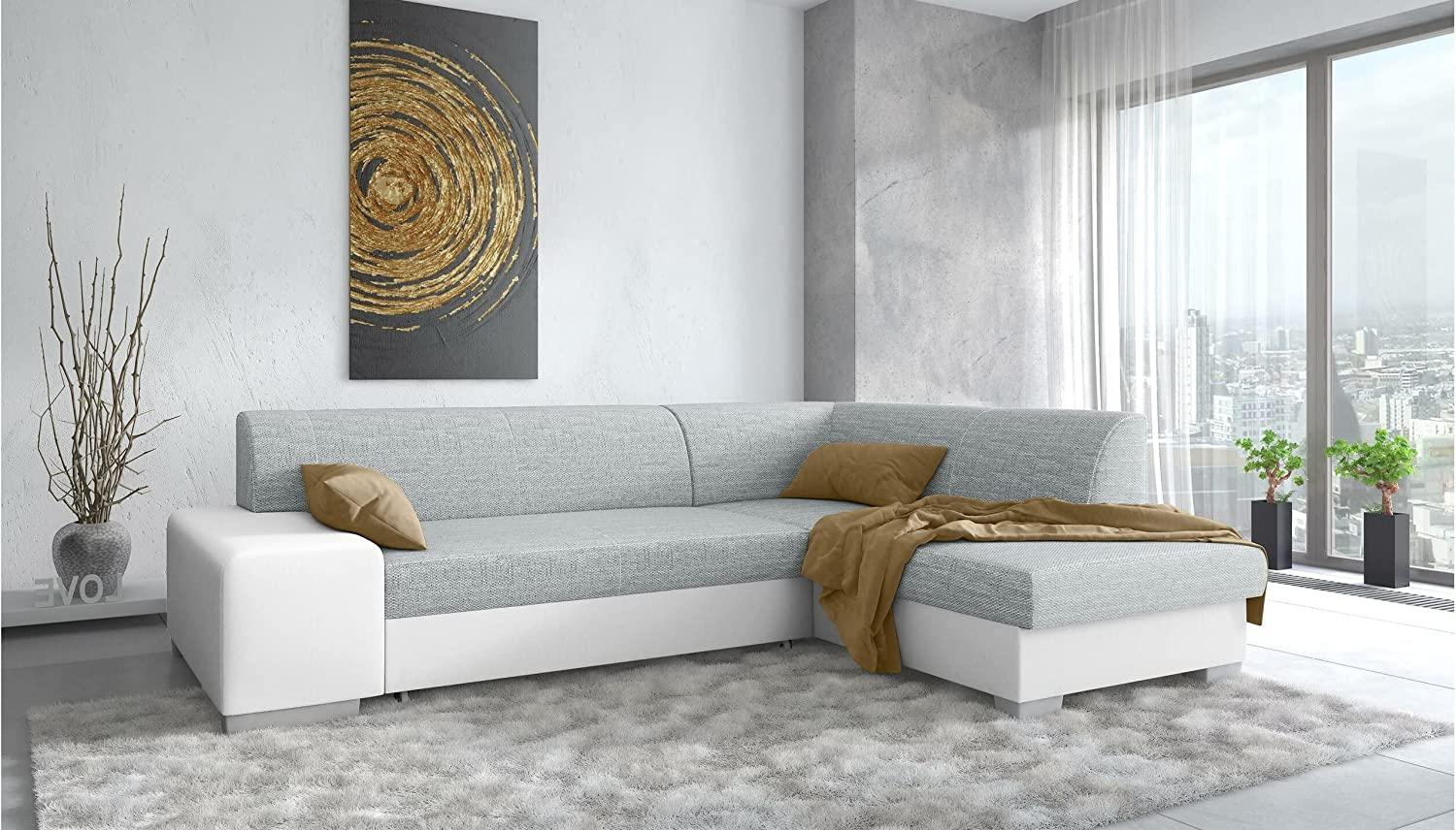 Stylefy Panaro Ecksofa Kunstleder MADRYT Strukturstoff BERLIN Weiß Hellgrau Rechts mit Bild 1