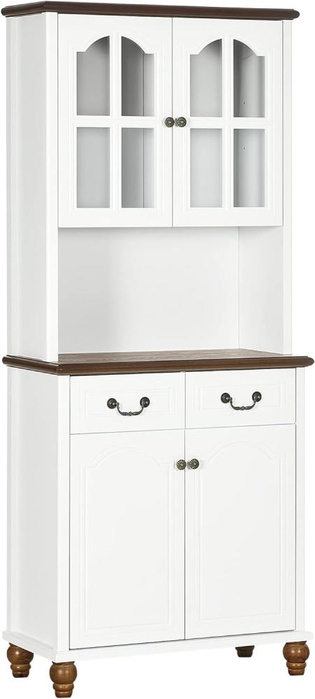 HOMCOM Küchenschrank, Küchenbuffet mit 2 Schubladen, Hochschrank mit 4 Türen, offenem Fach, Vitrinenschrank mit Soft-Close-Funktion für Wohnzimmer, Küche, 76 x 38 x 182 cm, Weiß Bild 1