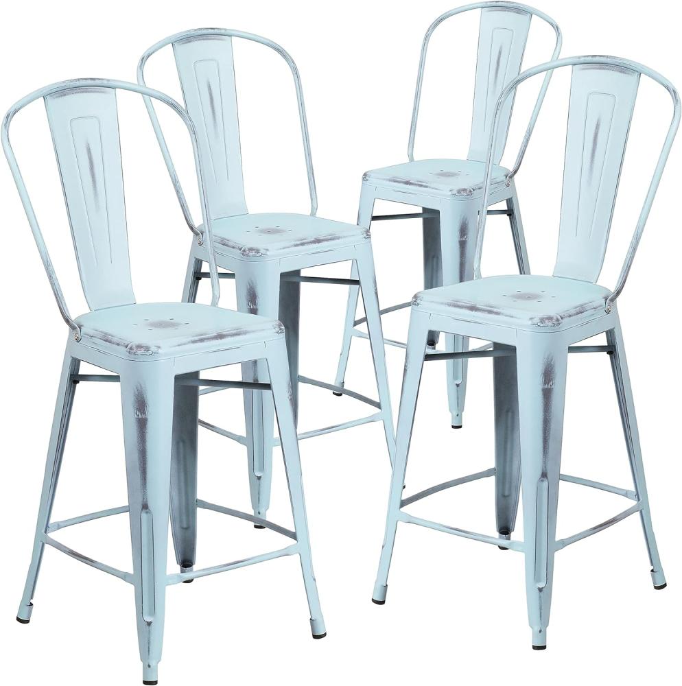 Flash Furniture 4 Pk. 24'' High Distressed Green-Blue Metal Indoor-Outdoor Counter Height Stool with Back Bild 1