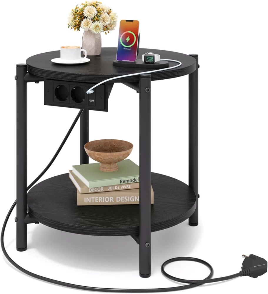 IRONCK Beistelltisch rund, Couchtisch mit Steckdose, Kleiner Tisch Holz, Wohnzimmertisch 2 Ablagen,Sofatisch,USB & Type-C-Anschluss, Metallrahmen, Nachttisch für Schlafzimmer (Schwarz, 1 Stück) Bild 1