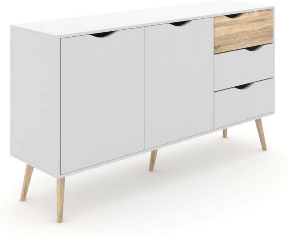 Sideboard mit zwei Türen und drei Schubladen, Weiß und Eiche, Maße 147 x 81 x 39 cm Bild 1