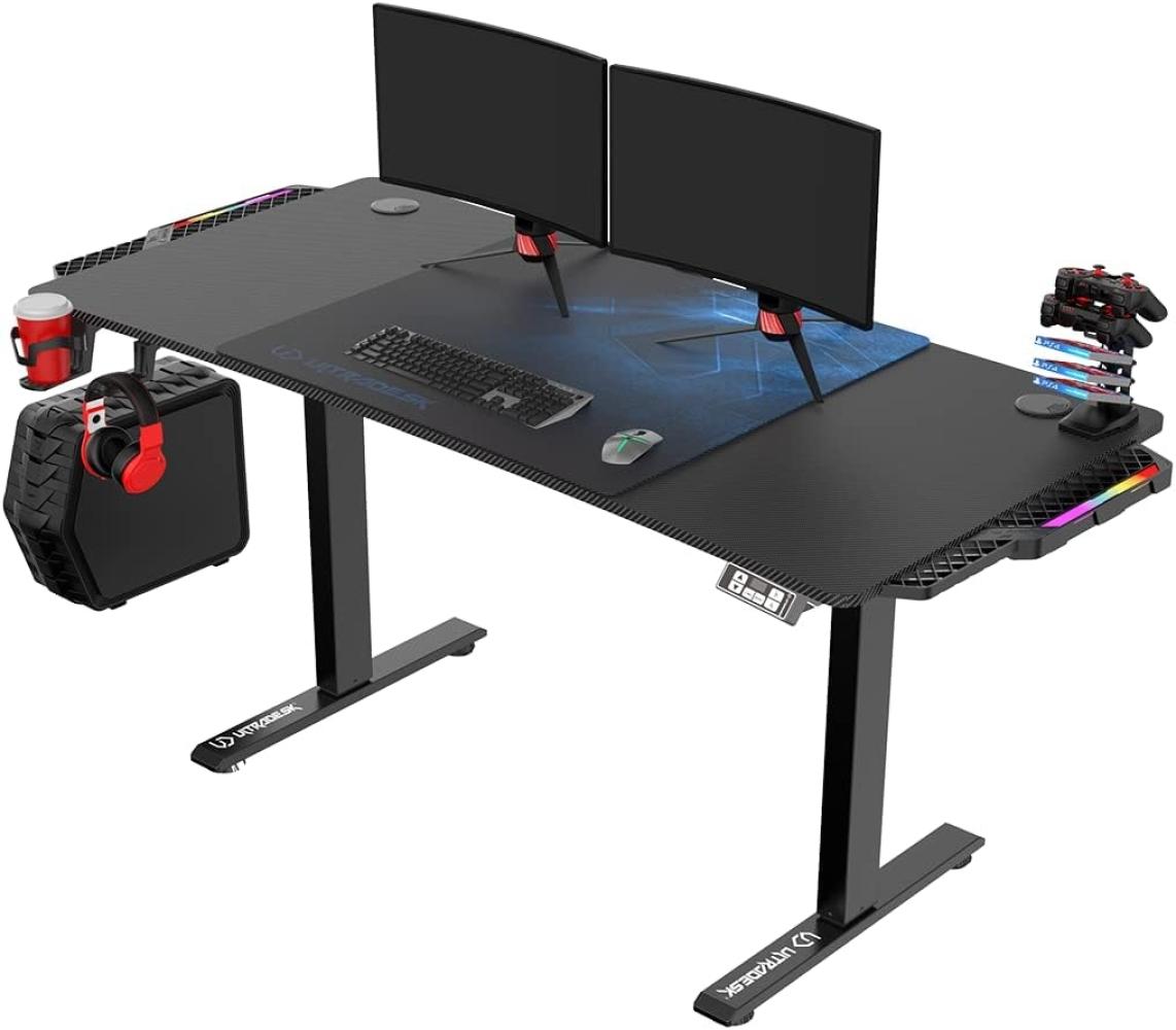 ULTRADESK Level RGB LED | Gaming-Schreibtisch mit elektrischer Höhenverstellung | Interner Speicher für 2 Einstellungen | Steckdosenleiste, XXL-Mauspad | Stahlgestell, Blaues Pad, 140x66 cm Bild 1