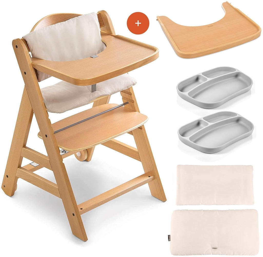 Hauck Hochstuhl Set Alpha Plus Move inkl. Essbrett, Sitzkissen und 2x Babyteller Silikon - mitwachsender Holz Babystuhl / Kinderhochstuhl mit Rollen, Gurt und Tisch - Natur Beige Bild 1