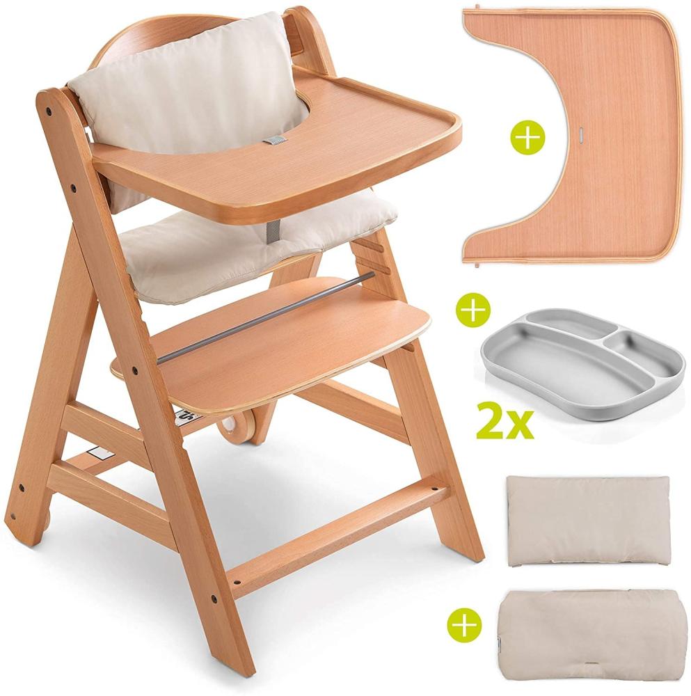 Hauck Hochstuhl Set Alpha Plus Move inkl. Essbrett, Sitzkissen und 2x Babyteller Silikon - mitwachsender Holz Babystuhl / Kinderhochstuhl mit Rollen, Gurt und Tisch - Natur Beige Bild 1