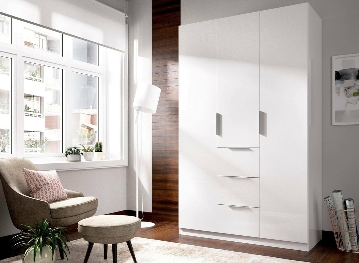 Dmora Falterona, Schlafzimmer, Kleiderschrank mit 3 Flügeltüren und 3 Schubladen, 135 x 52 x 204 cm, Weiß Bild 1