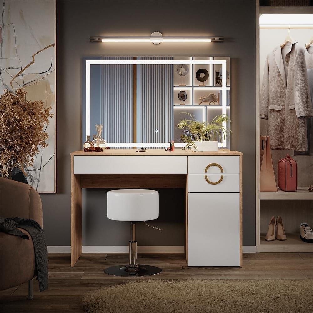 Schminktisch Adela Natural Rockford Hickory 115 cm mit LED Spiegel und Hocker Vicco Bild 1