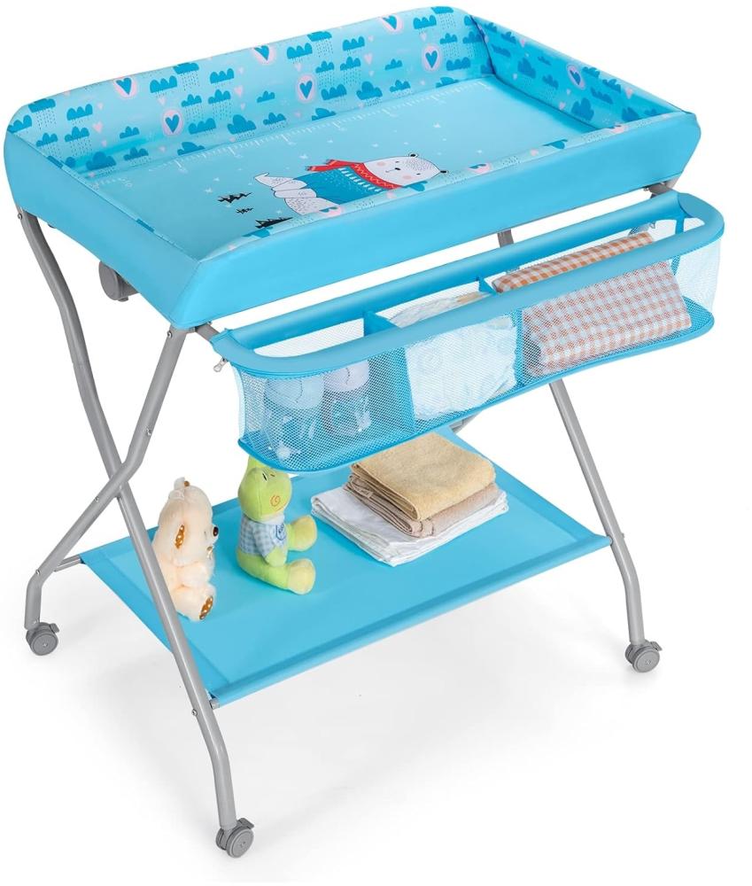 COSTWAY Wickeltisch mit großen Aufbewahrungsfläche und -körben, Wickelkombination klappbar & rollbar, Wickelkombi mit Sicherheitsgurt, Wickelregal für Babys und Kleinkinder bis 11kg (Blau) Bild 1