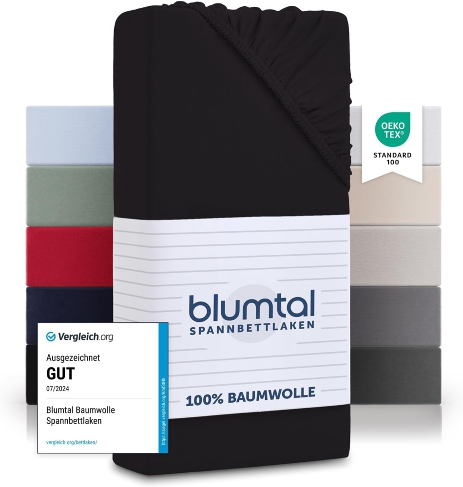 Blumtal® Baumwolle Spannbettlaken 90x190 cm Basics Jersey im 2er Set - Bettlaken 90x190 cm - Oeko-TEX zertifiziertes Spannbetttuch 90x190 cm - Matratzenbezug 90x190 cm - Leintuch - Schwarz Bild 1