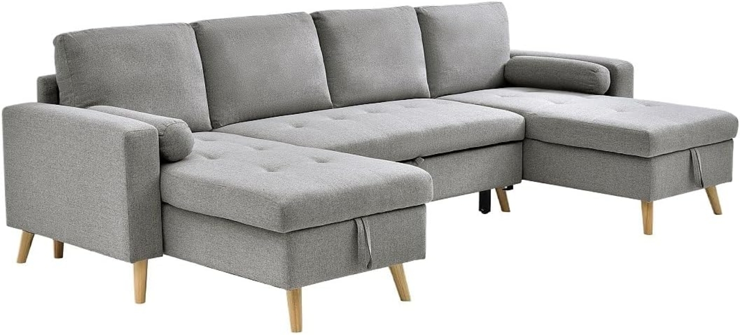 Vente-unique - Panorama-Ecksofa mit Schlaffunktion – Stoff – Hellgrau – KORI Bild 1