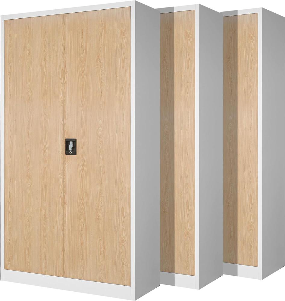 3er Set Aktenschrank C001H Büroschrank Metallschrank Stahlschrank Werkzeugschrank Stahlblech Pulverbeschichtet Flügeltürschrank Abschließbar 195 cm x 90 cm x 40 cm (weiß/holzoptik) Bild 1