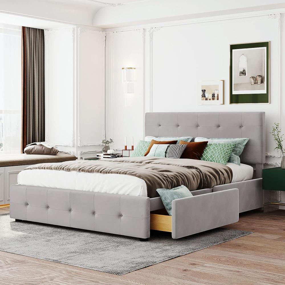 Bett Samtstoff, Einzelbett/Doppelbett, Polsterbett mit Schubladen, Rückenlehne und Lattenrost, Höhenverstellbares Kopfteil,Jugendbett Gästebett (ohne Matratze) (Grau, 140x200 cm) Bild 1