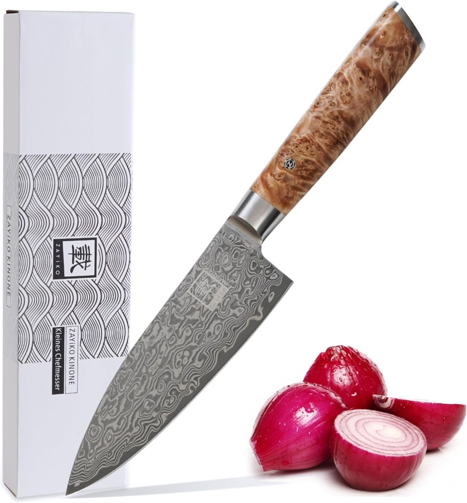 ZAYIKO Damastmesser KINONE kleines Chefmesser - 15,5cm Klinge - Wurzelholzgriff Birke - VG-10 Stahlkern Bild 1