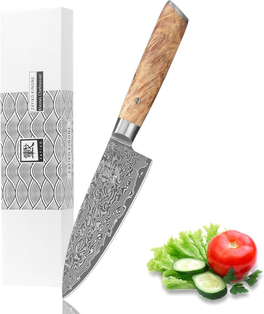 ZAYIKO Damastmesser KINONE kleines Chefmesser - 15,5cm Klinge - Wurzelholzgriff Birke - VG-10 Stahlkern Bild 1