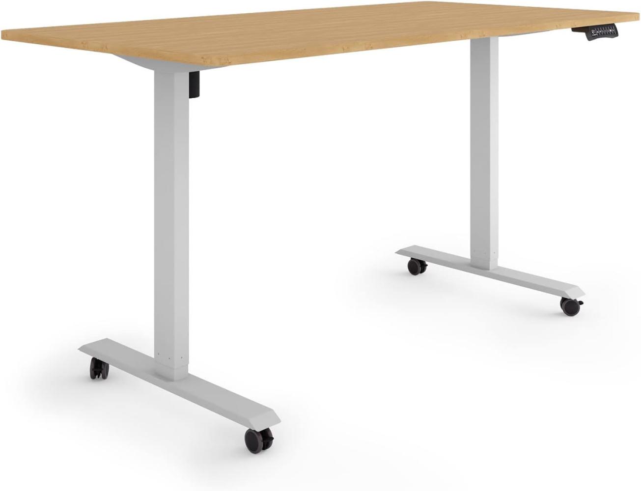 ESMART Germany ETX-121GBA 160x80cm Bambus Dekor Ergonomischer Steh-Sitz-Schreibtisch auf Rollen Stufenlos elektrisch höhenverstellbar 78,5-128,5cm 3X Memory Aktivitätserinnerung Soft-Start/Stopp Bild 1