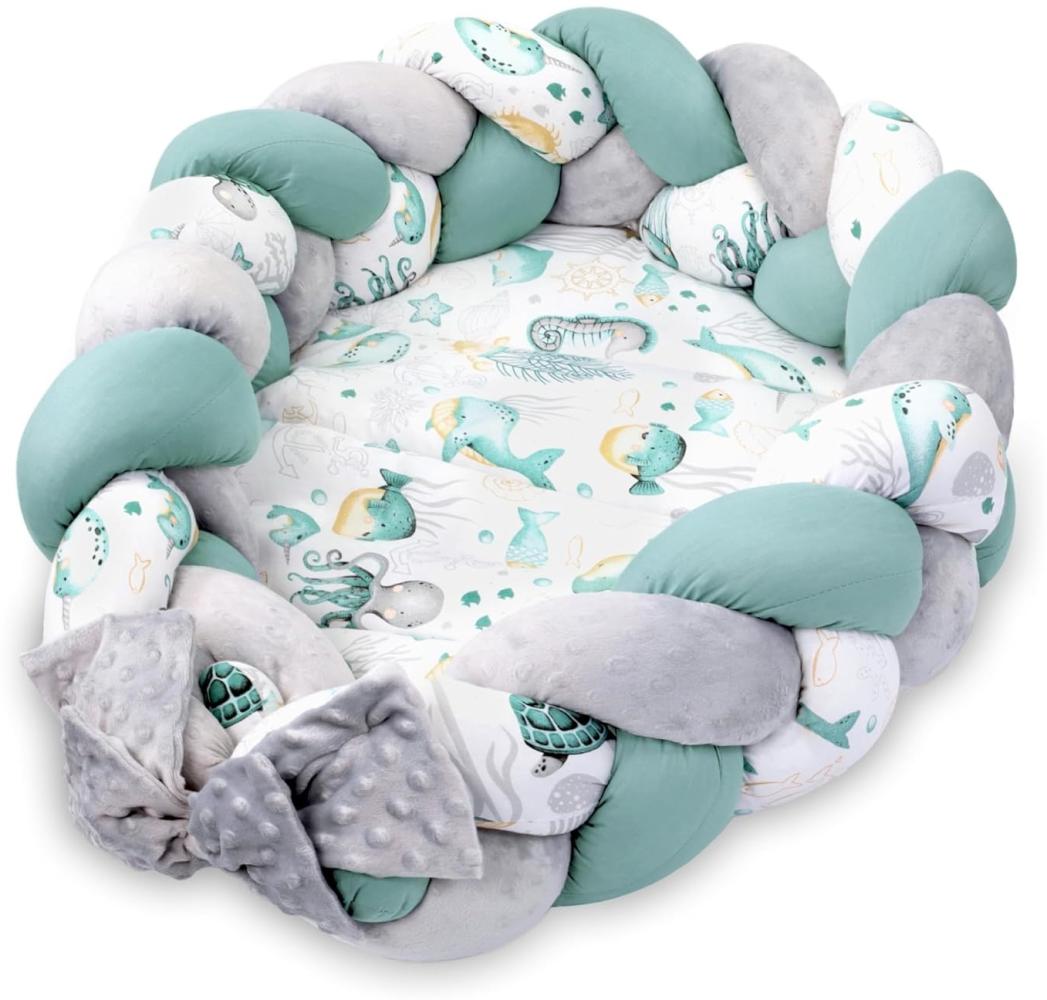 Babynest Neugeborene Nestchen Baby 75x45 cm – Minky Kuschelnest mit Zopf Kissen zerlegbares Set zweiseitig Babynestchen Babybett Wassertiere Farbton B Bild 1