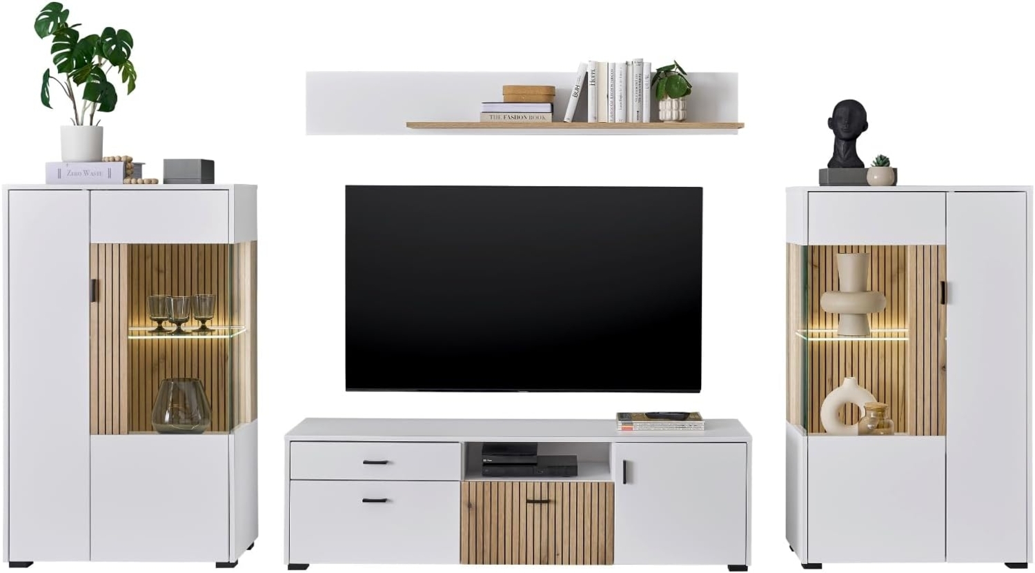 Wohnwand Merced in weiß matt und Eiche 4-teilig 320 cm Bild 1