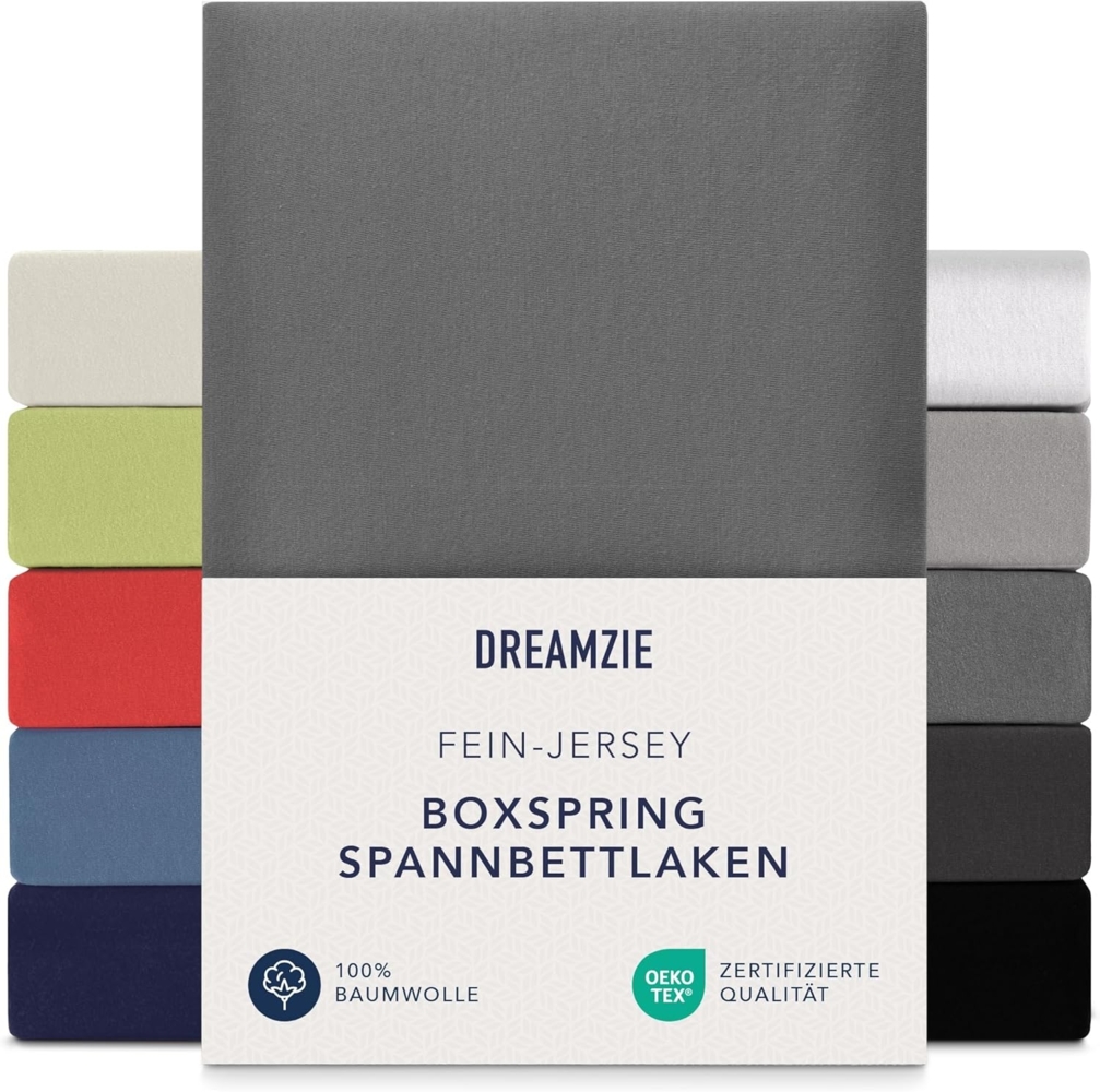 Dreamzie Premium Spannbettlaken 90x200 cm - 100x200 cm - 37cm Seitenhöhe - auch für Boxspringbett & Wasserbett - Bettlaken Boxspringbett 100% Jersey Baumwolle, 150 g/m² - Oeko-TEX - Anthrazit Bild 1