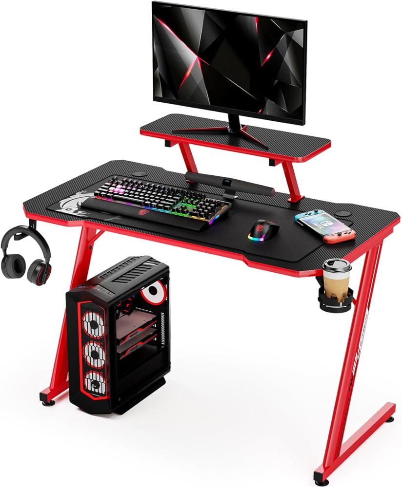 IntimaTe WM Heart Gaming Tisch 110cm, Ergonomischer Computertisch, Schreibtisch mit Tischplatte aus Kohlefaser, Drehbarer Headsethalter, Griffhalter und Getränkehalter (Schwarz und Rot) Bild 1