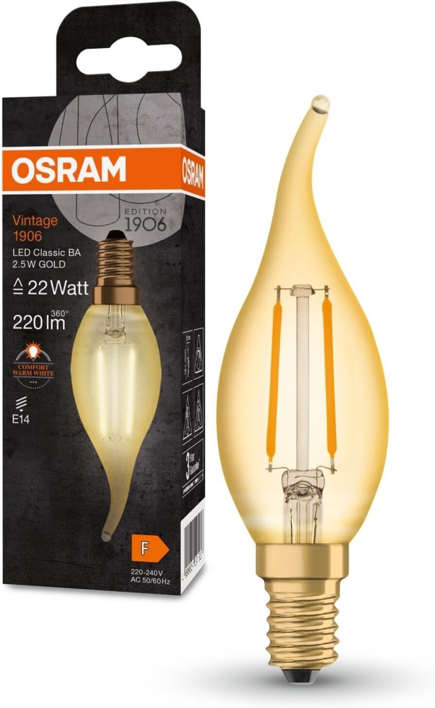 Osram LED-Lampen, Vintage-Edition, 22 Watts Ersatz, E14, B-shape, 2400 Kelvin, Warm Comfort Light, Klares Glas, single Pack Bild 1