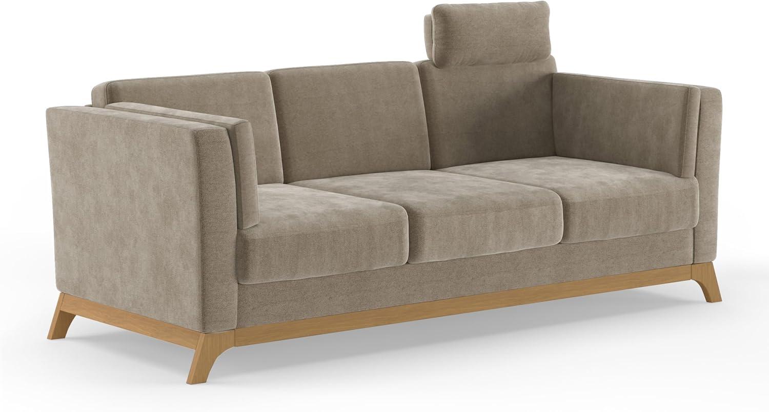 Cavadore 3er-Sofa Vida / 3-Sitzer Couch im trendigen Design mit massivem Holzrahmen in Eiche, Kopfstütze mit Kuschelkissen / 213 x 84 x 93 / Mikrofaser, Perlbeige Bild 1