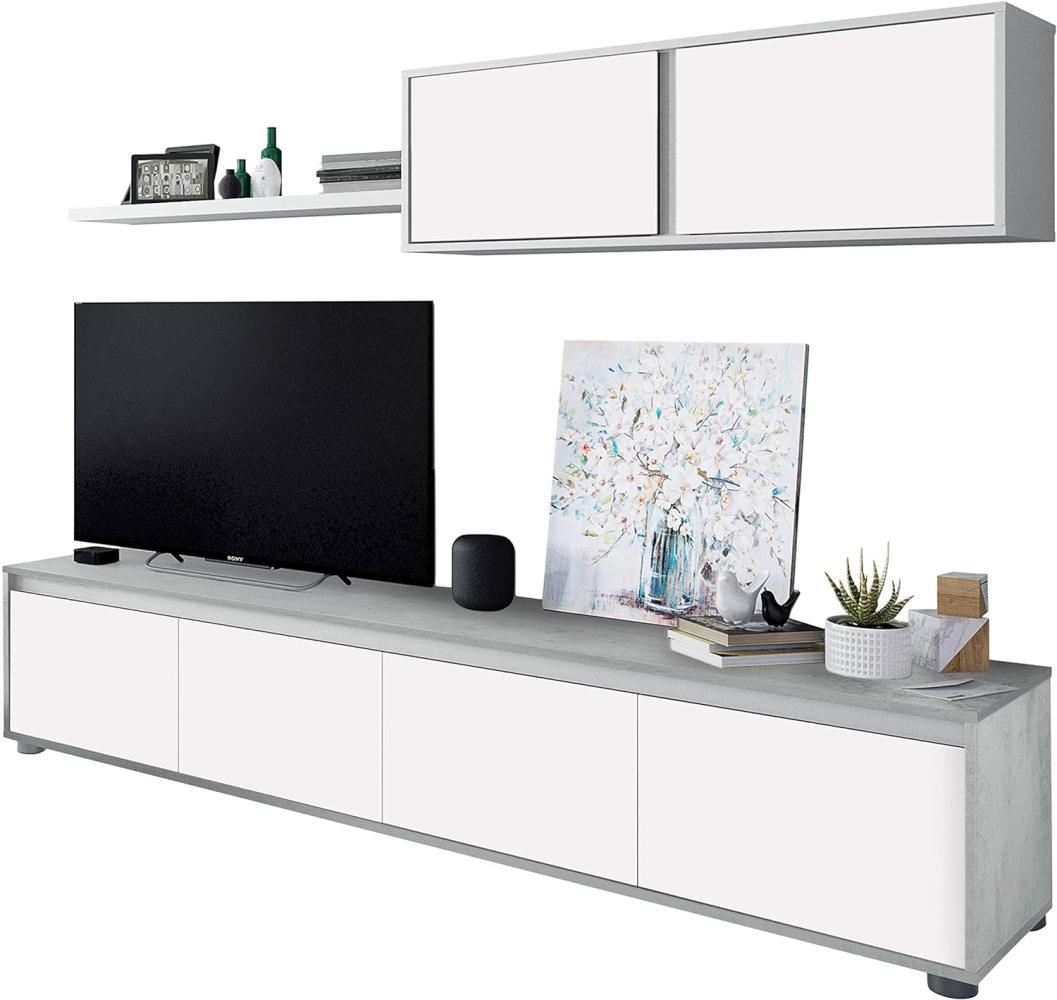 Wohnzimmer TV-Ständer mit vier Türen, mit Hängeschrank und Regal, Betonfarbe und Artikweiß, TV-Schrankmaß 200 x 43 x 41 cm Hängeschrank 105 x 35 x 29 cm Regal 95 x 3 x 21 cm Bild 1