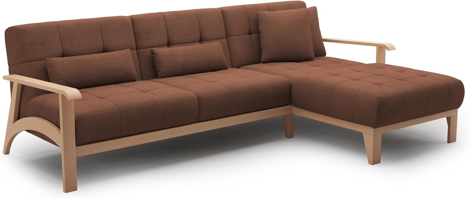 Cavadore Ecksofa Billan / Eckcouch im skandinavischen Design mit Longchair und massivem Holzgestell in Buche / 264 x 88 x 183 / Mehrfarbiger Strukturstoff, Rot-Braun Bild 1