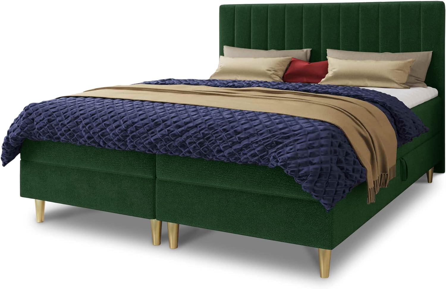 Boxspringbett Gold mit 2 Bettkästen und Topper - Doppelbett, Bonell-Matratze, Polsterbett, Bett mit Matratzentopper, Schlafzimmer, Velours Stoff (Grün (Manila 35), 180 x 200 cm) Bild 1