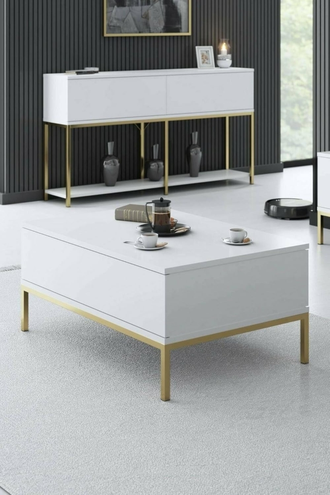 Dmora - Wohnzimmertisch Antares, Niedriger Wohnzimmertisch, Kaffeeregal, Couchtisch für Sofa, 90x60h40 cm, Weiß und Gold Bild 1