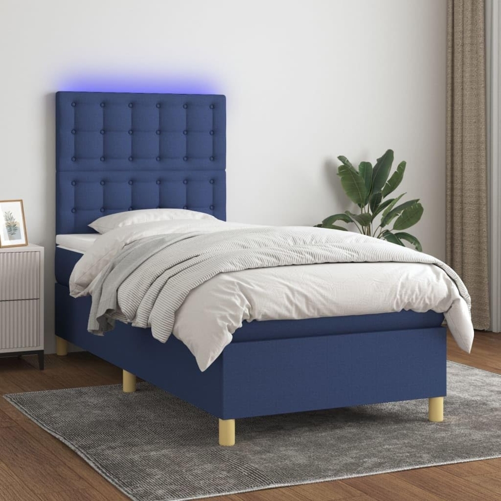 vidaXL Boxspringbett mit Matratze & LED Blau 100x200 cm Stoff 3135739 Bild 1