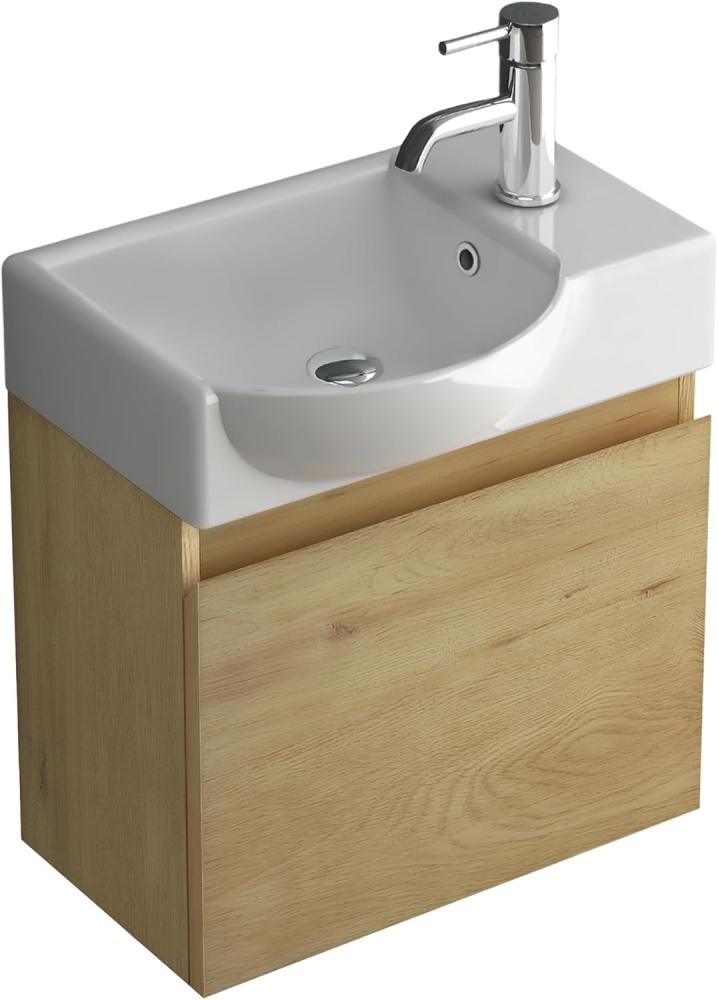 Alpenberger Badmöbel-Set - Gäste WC Waschbecken mit Unterschrank 45 cm Breit, (Badschrank 2-tlg, Waschtisch hängend), Waschbeckenunterschrank mit Softclose - Eiche Natur - Links Becken Bild 1