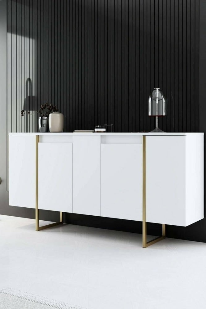 Dmora - Kommode Betel, Wohnzimmerbuffet, Wohnzimmer-Sideboard, Moderne Küchen-Speisekammer, 160x35h80 cm, Weiß und Gold Bild 1