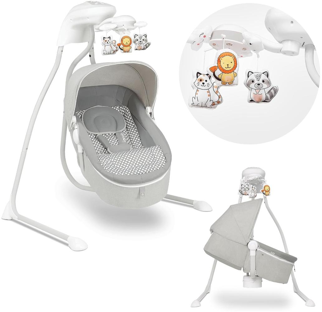 LIONELO Henny 3in1 Baby Wippe, Babyschaukel und Babyliegestuhl, Babywippe Elektrisch mit Liegefunktion, 10 Melodien, Karussell, USB-Anschluss, Moskitonetz (Grau) Bild 1