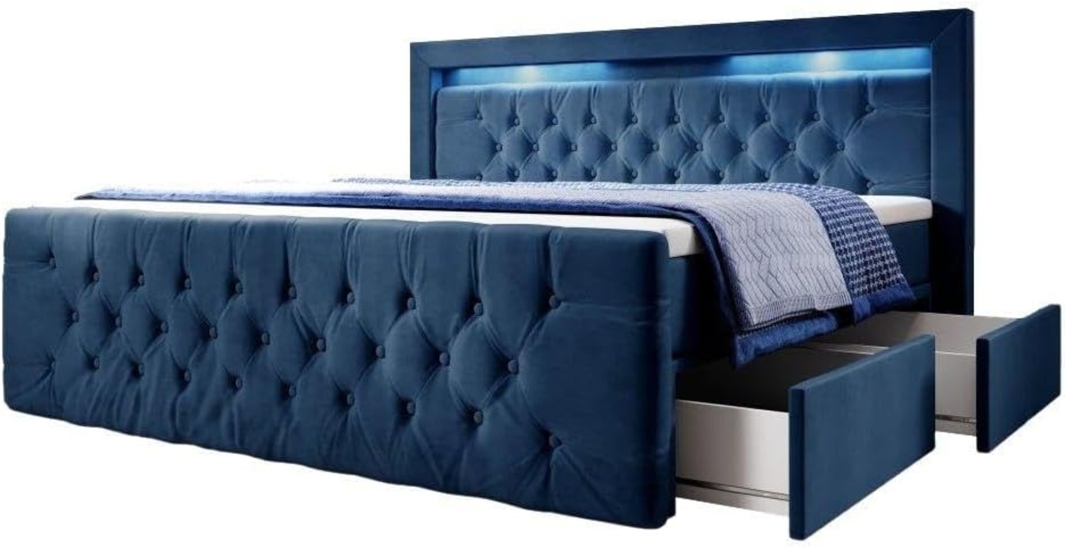Boxspringbett Sera mit LED und Stauraum (4 Schubladen) 140x200 Blau H3 (70-100kg) Bild 1