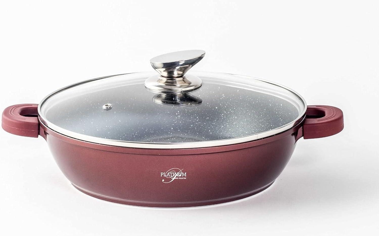 WOK Servierpfanne Schmorpfanne/ Niedrigtopf/ Servierpfanne Kochtopf Induktion Ø24cm Aluguss Topf Pfanne Silikon-Griffe Burgundy Bild 1