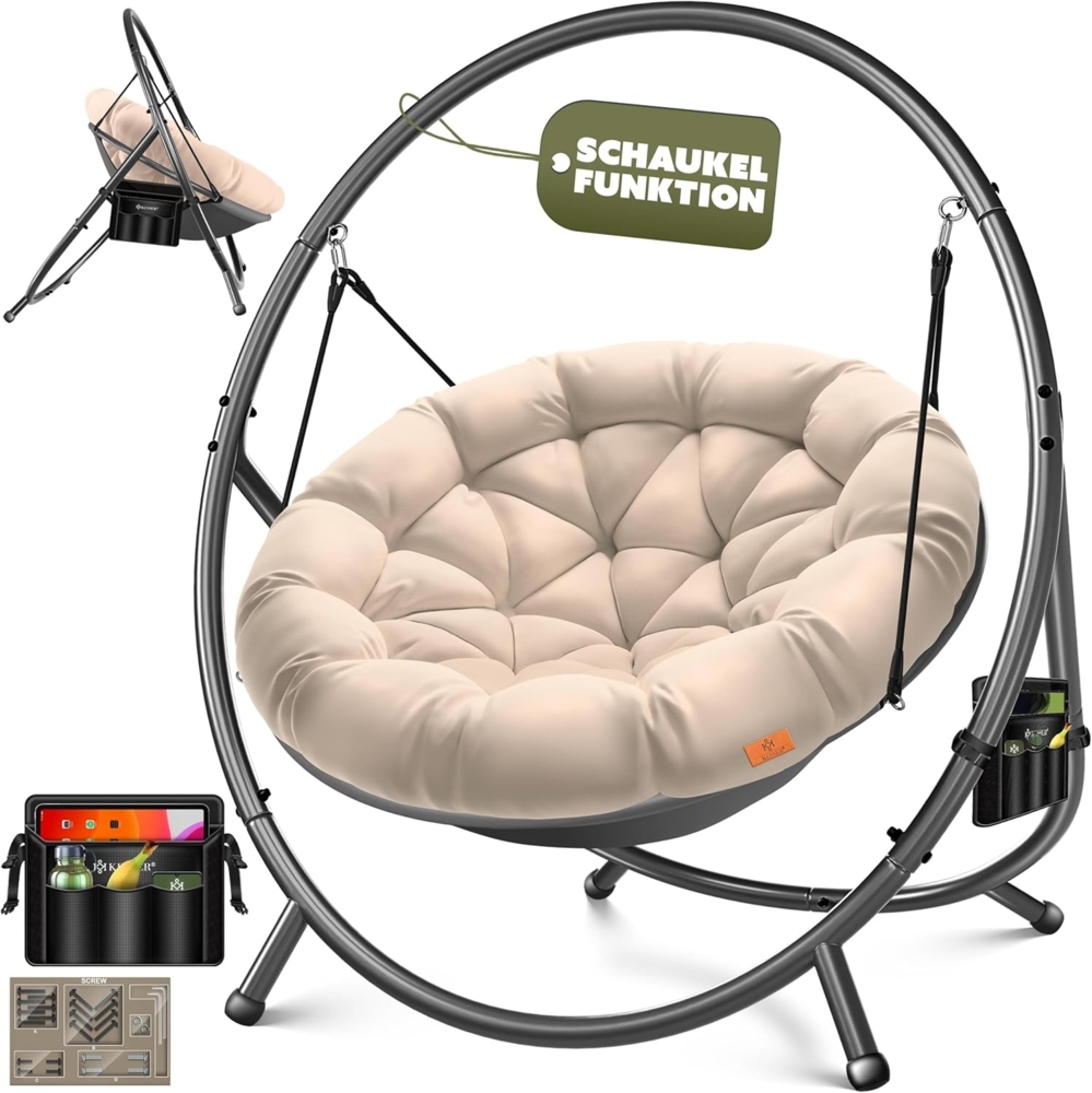 KESSER® Hängesessel mit Gestell BALI Hängeschaukel Hängestuhl bis 150kg für Indoor und Outdoor + Kissen & Seitentasche Hängekorb Stahlgestell & Schaumstoff Sitzpolster ideal für Wohnzimmer & Garten Beige Bild 1