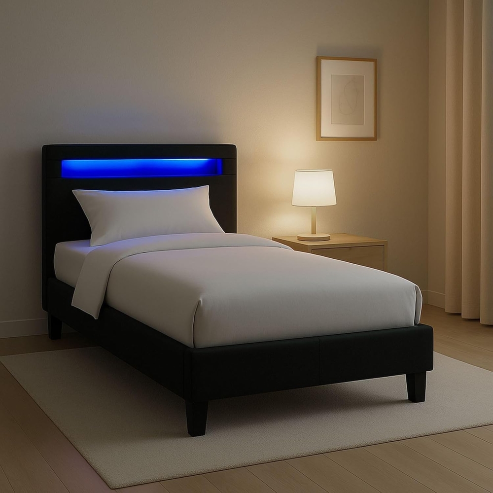 CARO-Möbel Polsterbett Himalaya mit LED Beleuchtung Einzelbett Jugendbett 90x200 cm mit Lattenrahmen, in schwarz Stoffbezug Bild 1