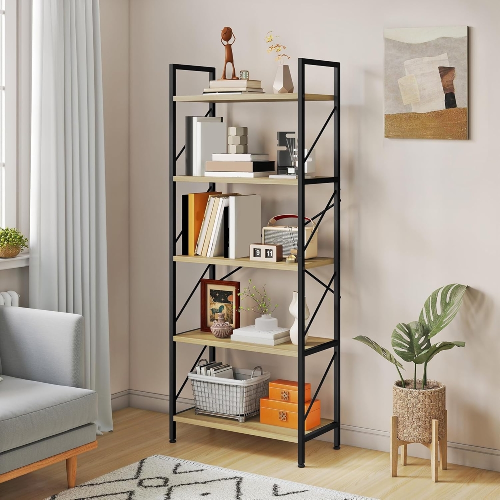 YITAHOME Bücherregal, Standregal mit 5 Ebenen, Hohes Lagerregal mit Metallrahmen, Industrielles Ausstellungsregal, Regaleinheiten, für Wohnzimmer, Schlafzimmer, Homeoffice, Küche, Eichenfarbe Regal Bild 1