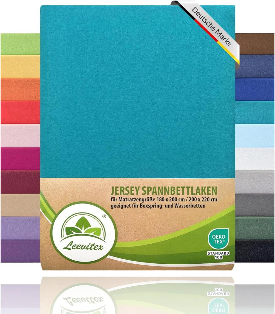 leevitex® Premium Wasserbett & Boxspringbett Spannbettlaken | 100% Baumwolle | 150 g/m² | Markenqualität | Ökotex |180 x 200 – 200 x 220 cm - Petrol/Smaragdblau Bild 1