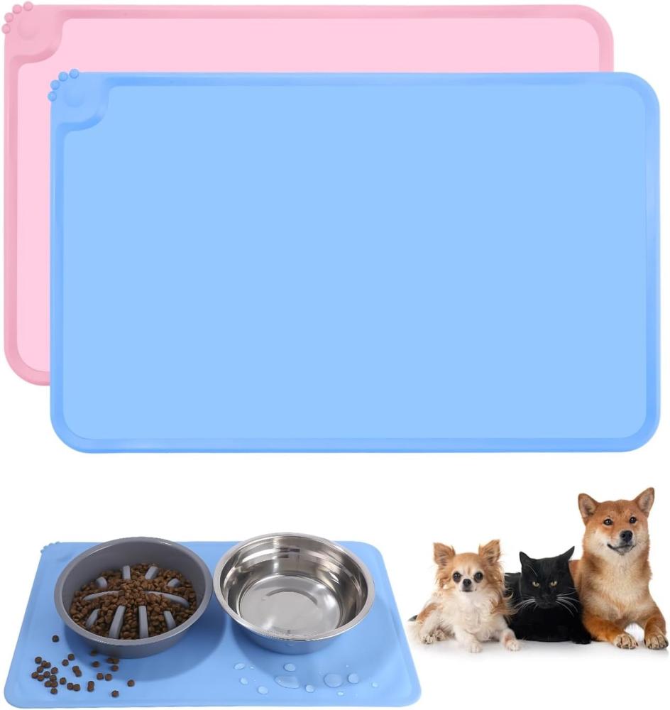 2-teiliges Set Napfunterlage Hund Katzen, wasserdichte und rutschfeste Silikon Fressnapf Unterlage, Futtermatte, Anti-Rutsch Haustier Fütterung Matte für Futternäpfe Wassernapf (Rosa & Blau, 48x30CM) Bild 1