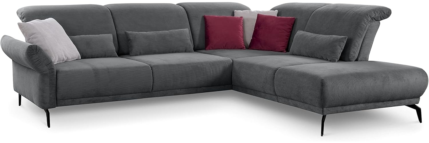 CAVADORE Ecksofa Cooper / Luftige Eckcouch mit Ottomane rechts, Armteilverstellung, Kopfteilverstellung und Sitztiefenverstellung / 294 x 88 x 242 / Cord, Dunkelgrau Bild 1