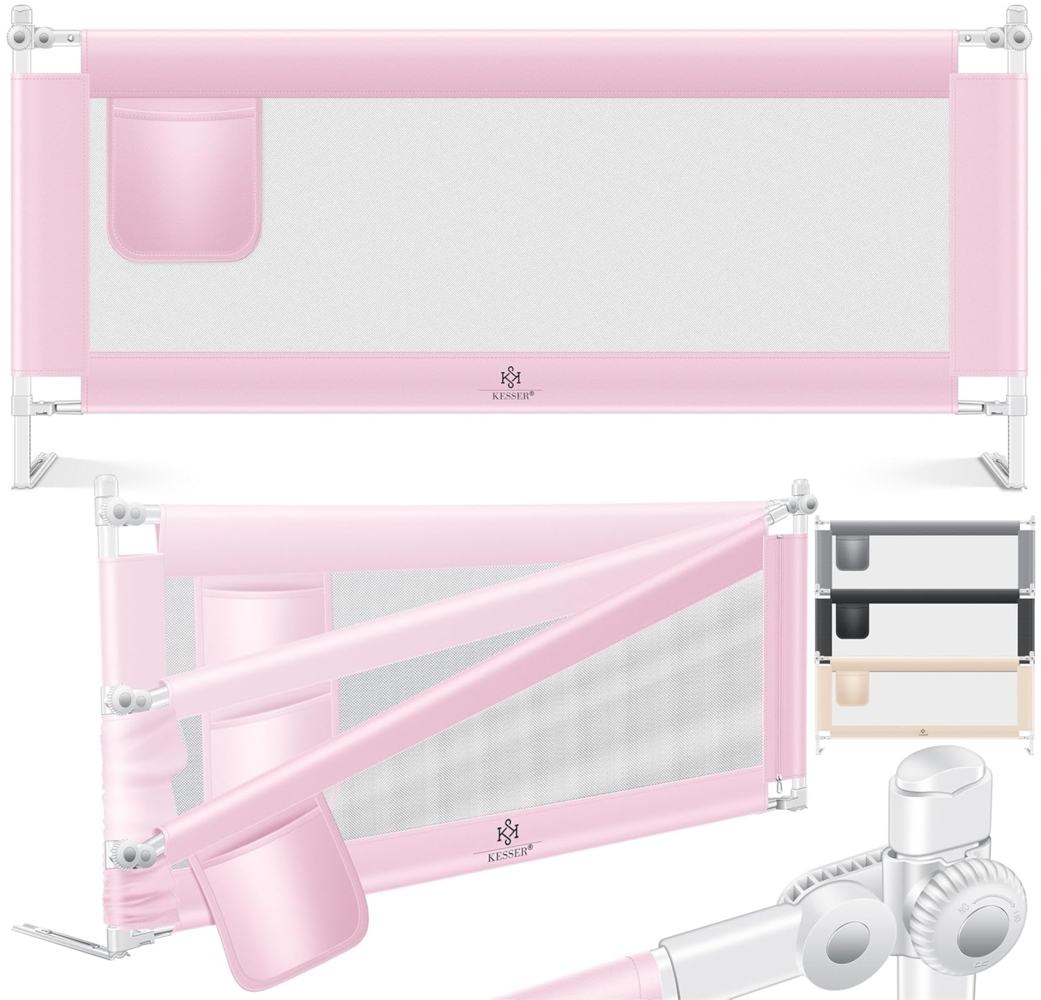 KESSER® Bettgitter 180cm Bettschutzgitter Kinderbettgitter für Kinder Babybettgitter Klappbar, Kinderbett Kinderbettschutzgitter Rausfallschutz, Bett & Elternbett hoch: 72 bis 96cm Rosa Bild 1