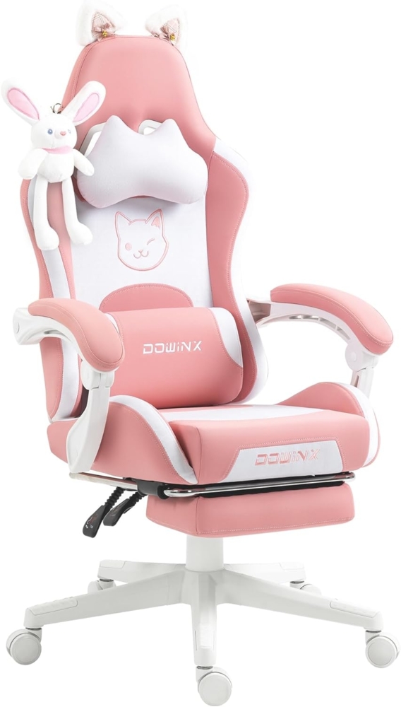 Dowinx Gaming Stuhl - Süße Katze Edition - Ergonomischer Computerstuhl mit Hoher Rückenlehne und Lendenwirbelstütze, PU-Leder, Fußstütze,Rosa Bild 1