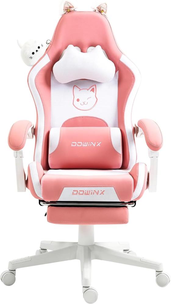 Dowinx Gaming Stuhl - Süße Katze Edition - Ergonomischer Computerstuhl mit Hoher Rückenlehne und Lendenwirbelstütze, PU-Leder, Fußstütze,Rosa Bild 1