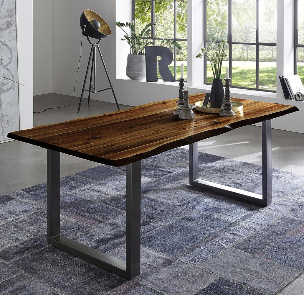 SAM Esszimmertisch 120x80 cm Quintus, echte Baumkante, nussbaumfarben, massiver Esstisch aus Akazienholz, Metallbeine Silber, Baumkantentisch Bild 1