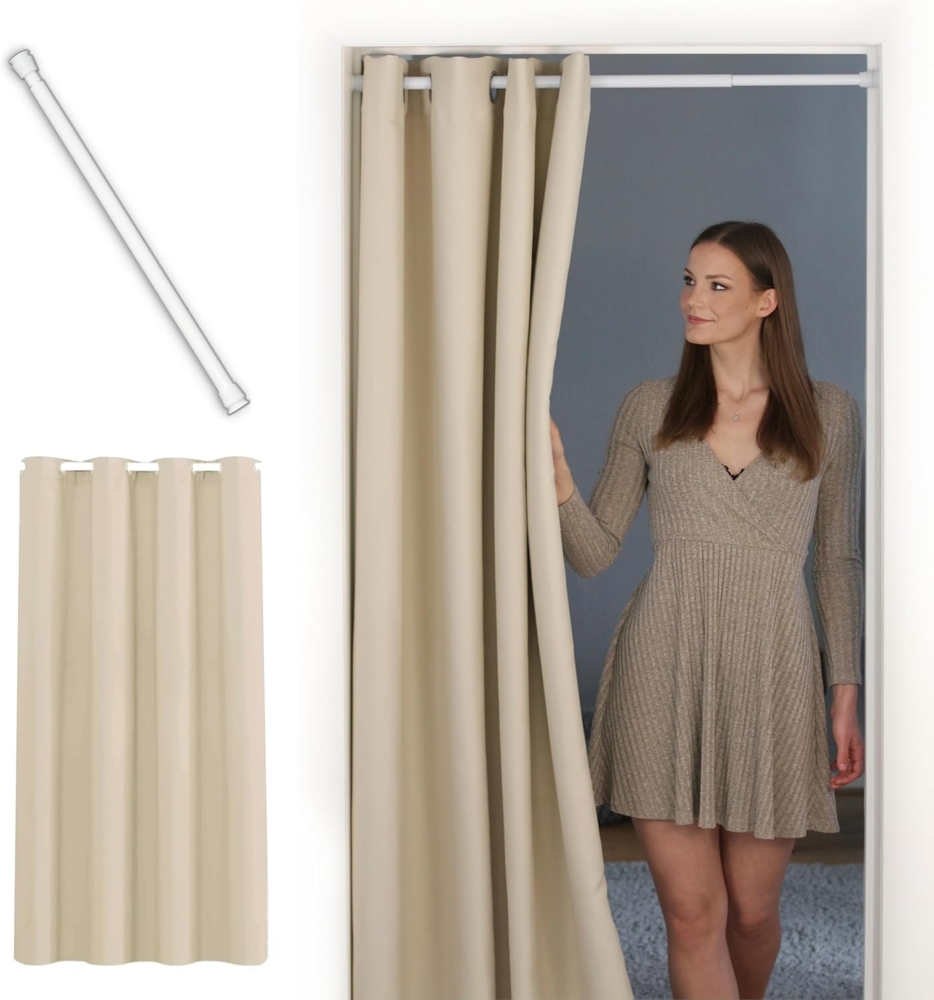 tinycurtains Türvorhang mit Stange weiß 70-120 cm Thermo Vorhang ohne Bohren, blickdicht, Ösen, verdunkelnd, Polyester, beige Driftwood, Türgardine mit Klemmstange Raumtrenner Vorhang Tür Bild 1